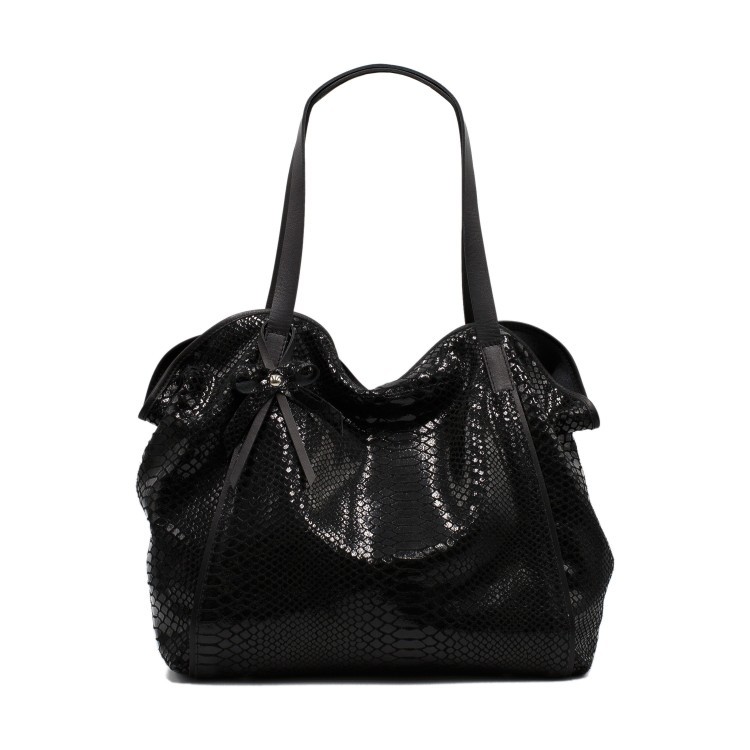 Женская лакированная сумка из натуральной гладкой кожи черного цвета со змеиным принтом Facebag